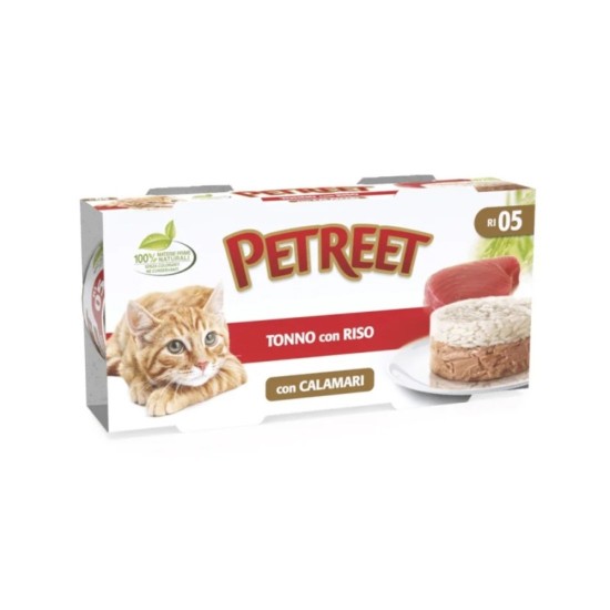 PETREET ADULT ΚΟΝΣΕΡΒΑ ΓΑΤΑΣ ΤΟΝΟΣ ΡΥΖΙ ΚΑΛΑΜΑΡΙ 2x170gr